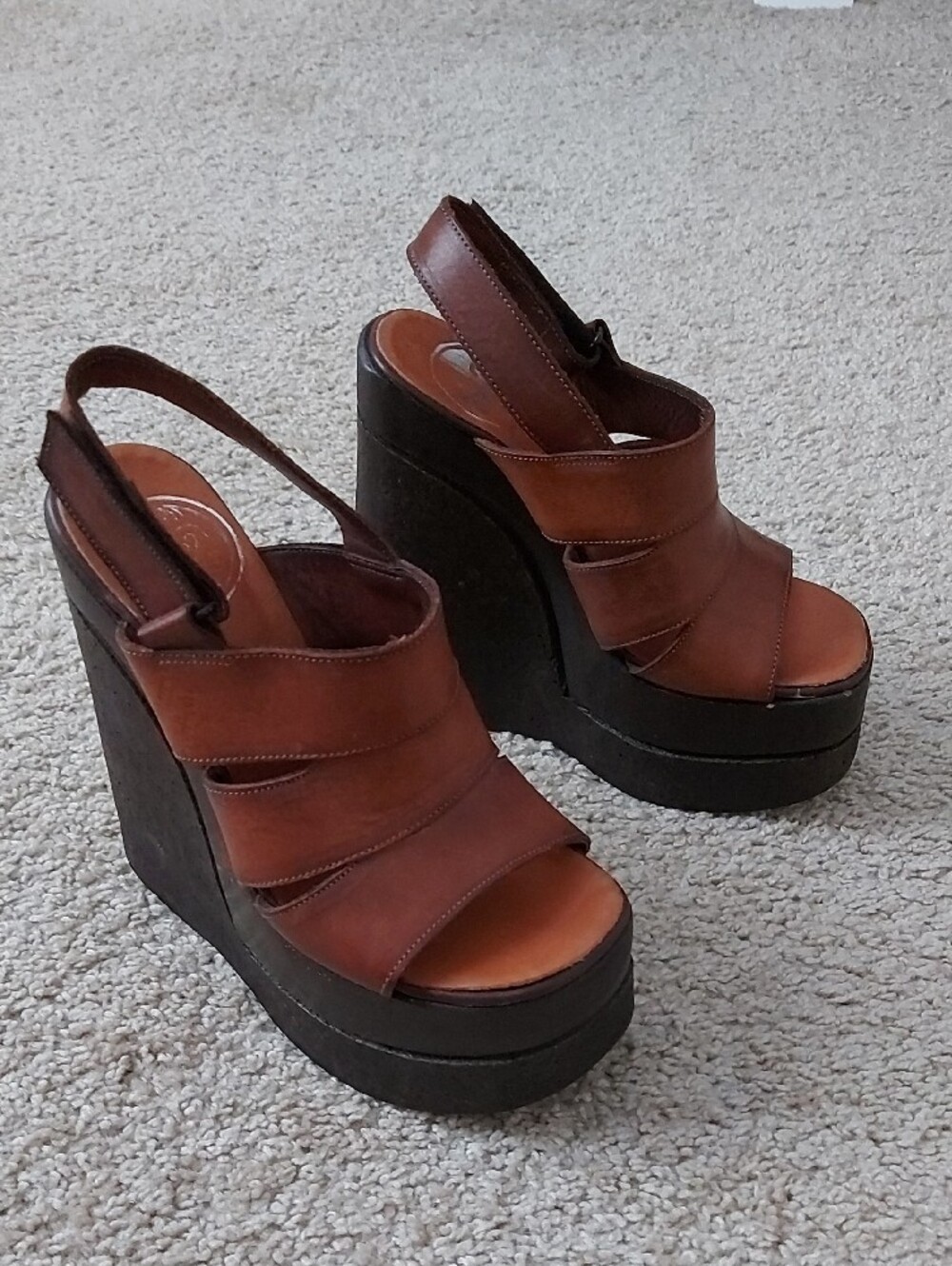 B2 Brown Leather Platform Slingback Sandals